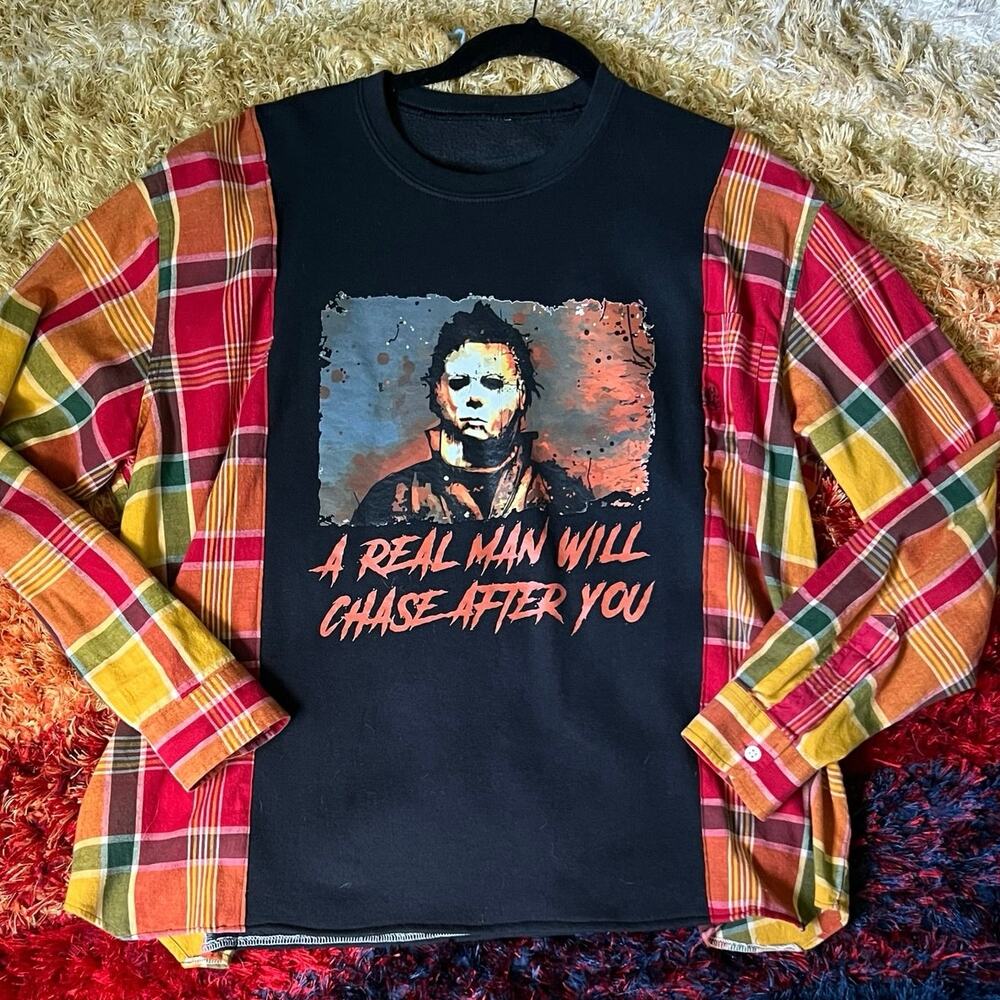 Michael Myers shirt, reworked plaid and tee, Halloween movie, Large